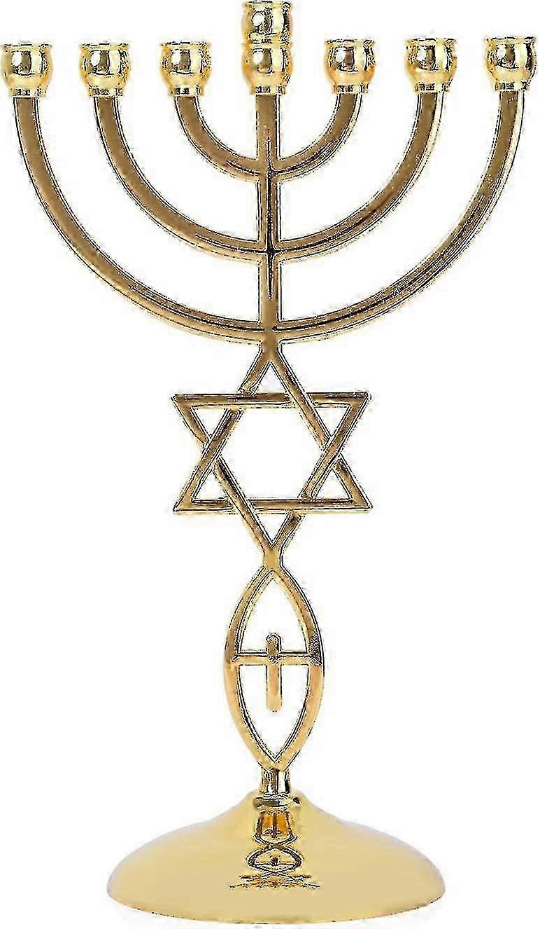 شمعدان مطلي بالذهب مع 7 فروع وحامل شموع يهودي بتصميم نجمة ديفيد بطول 21 سم