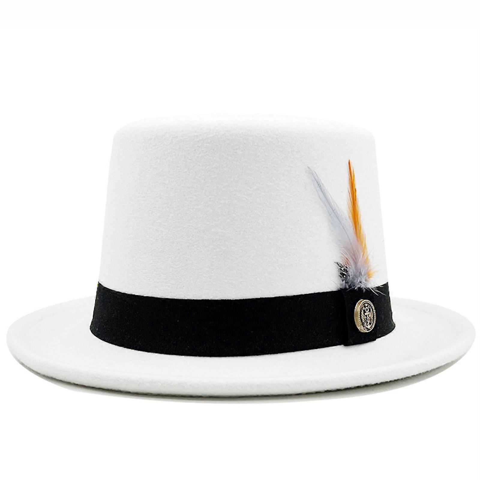 Vintage Yün Keçe Düz Üst Fedora Şapka Erkekler için Tüy ile Sahne Performansları Maskeli Balo Giydirme Ayarlanabilir Panama Şapka Beyaz