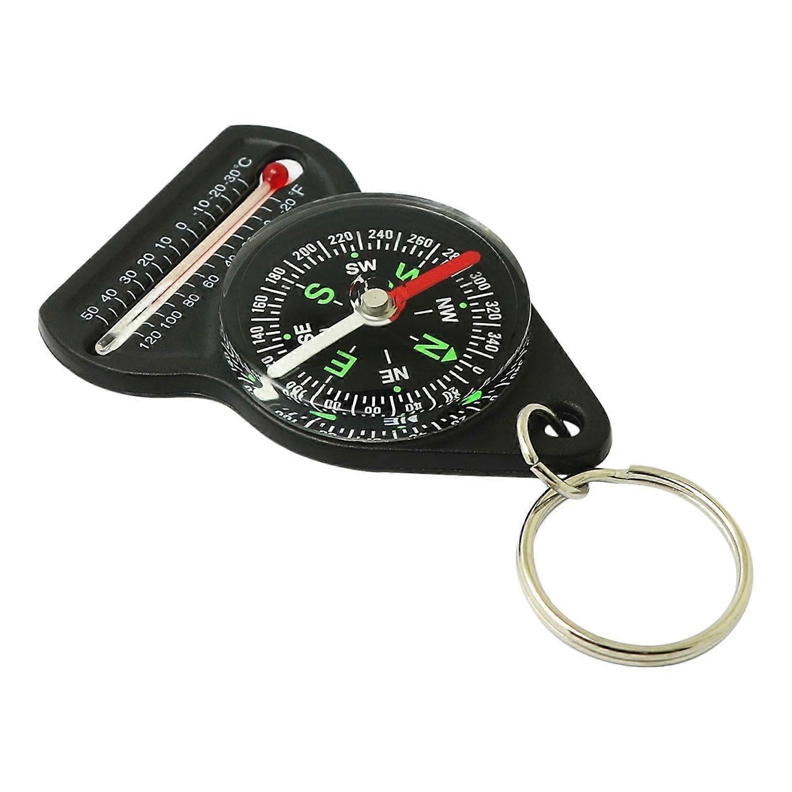 Pocket Compass Multifunctional Thermometer Compass, Keychain for Hiking, Travel, Camping, Black