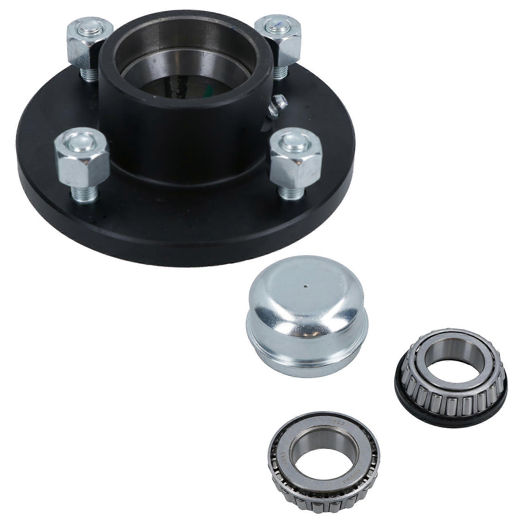 Trailer Cast Wheel Hub 4" PCD 1" Taper Bearing 4 Stud With Wheel Nuts And Cap