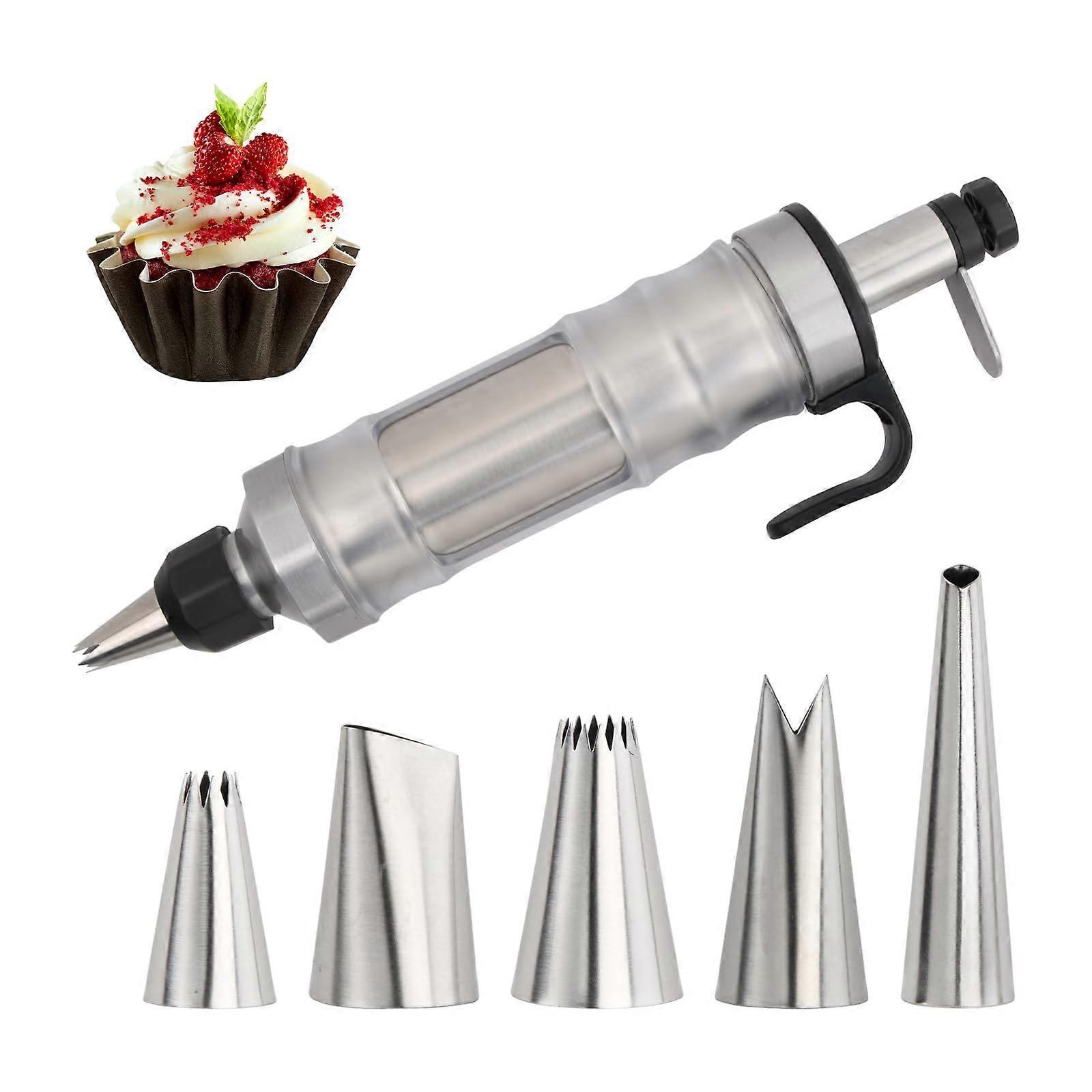 Decorating Syringe Stainless Steel Professional Cake Syringe 7 Piping Nozzles Set Silver Reusable Cupcakes Pastries