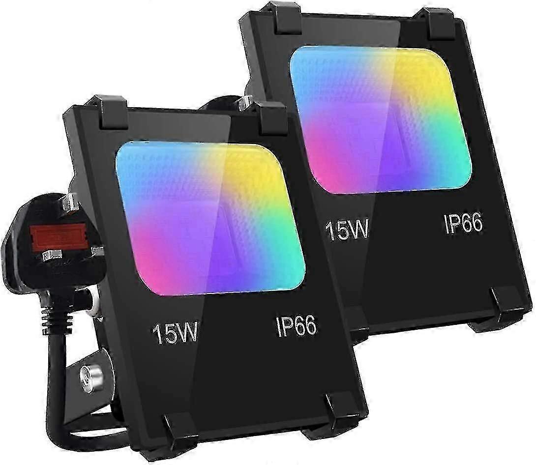 Led Flood Lights Outdoor, 15w Bluetooth Smart App Control, Colour Changing Rgb 100w Equivalent Ip66, Uk 3-plug, 2 Pack