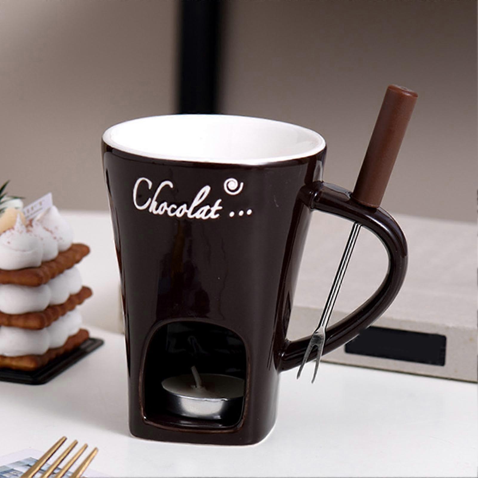 Chocolate Fondue Mug Set - 200ml Ceramic Melting Cup with Forks, Tea Light Candle, Ideal for Cheese and Caramel Warmer