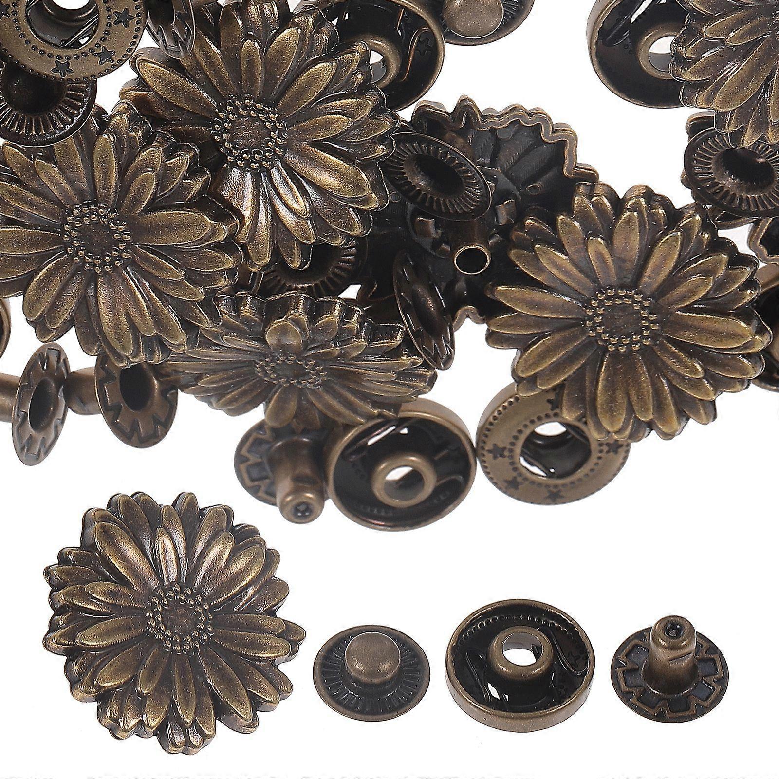 10 Sets Zinc Alloy Retro Daisy Shape Snap Button Costume Bag Buckle Fittings Clasp Button Craft with Base Accessories (Bronze)