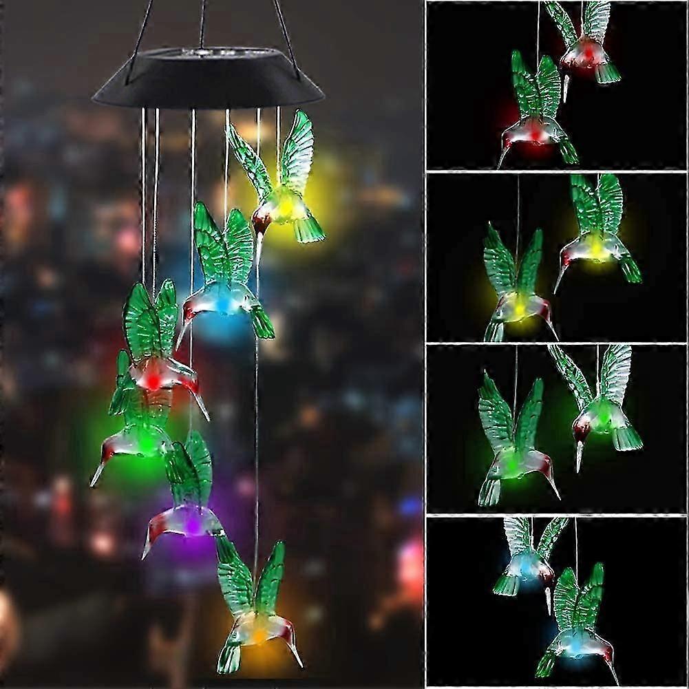 2 PACK Solar Hummingbird Wind Chime, Color Changing Mobile LED Solar Wind Chime Outdoor Mobile Hanging Patio Light, Porch, Deck, Garden Decor