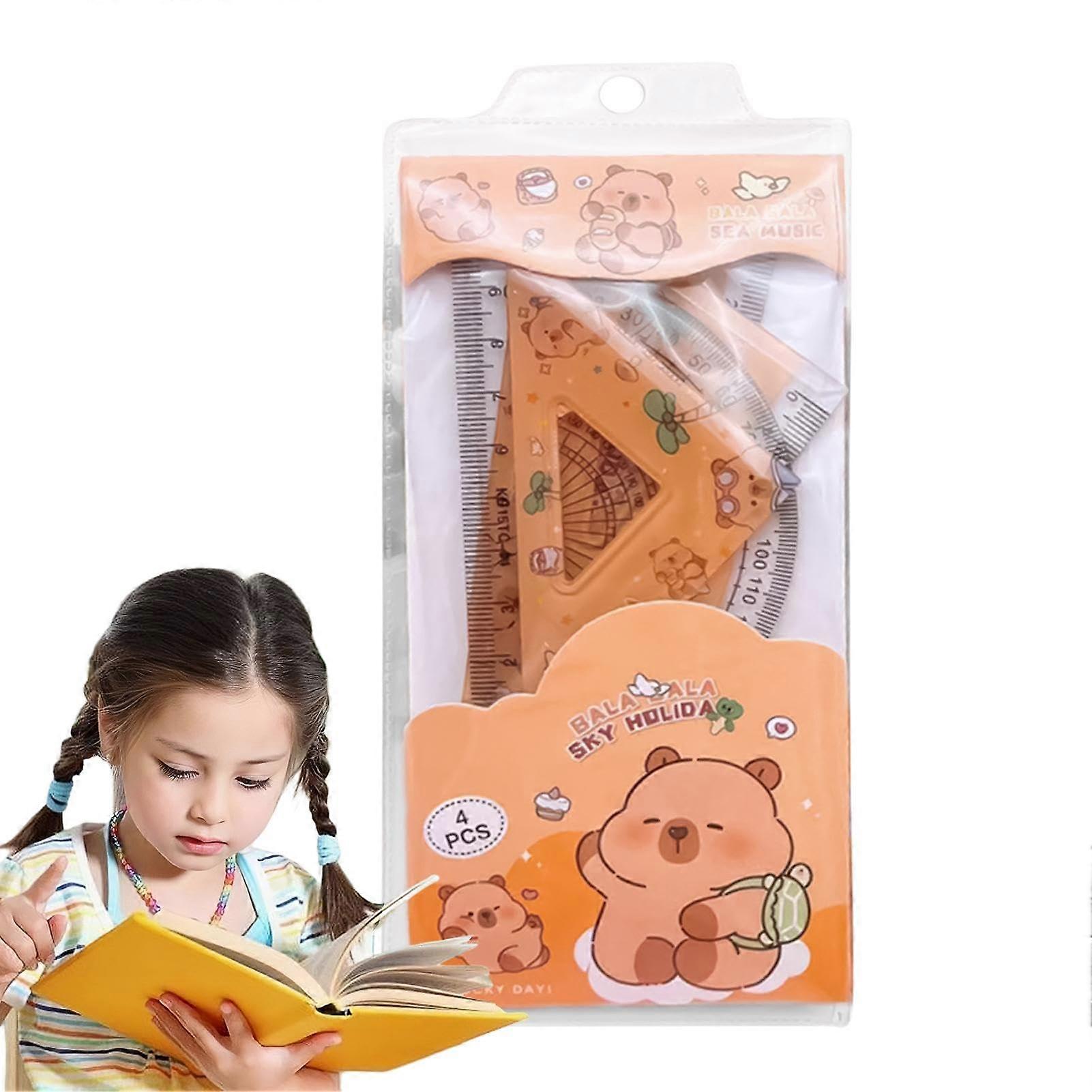 Cute Cartoon Rulers Set, Capybara Geometry Ruler and Protractor Tool Set for Students, 4 Measuring Rulers for Girls and Kids