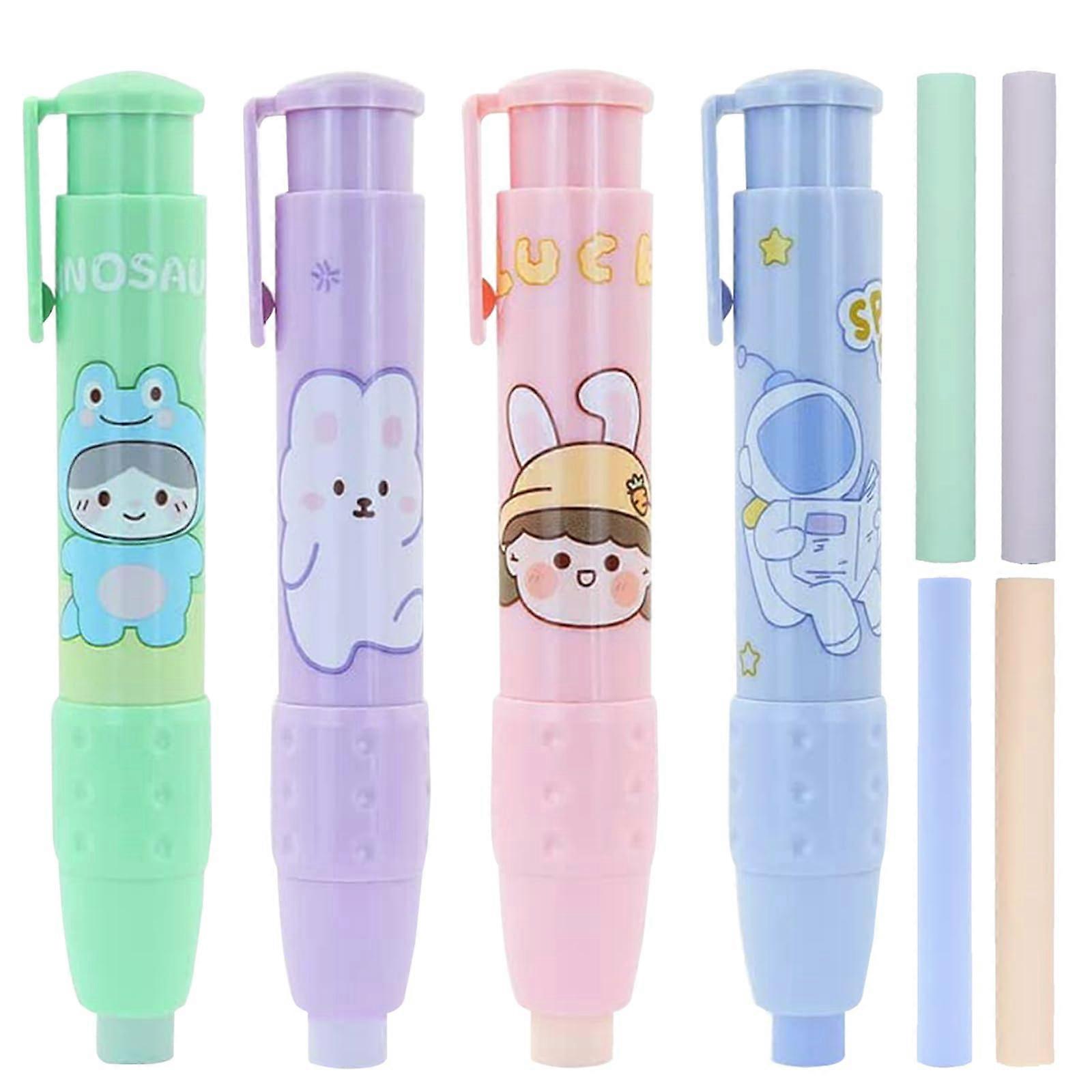 4 Pieces Retractable Erasers, Eraser Pen Holder with 4 Replacement Erasers, Eraser Set Click Eraser Pen Retractable for Children, Students, Writing