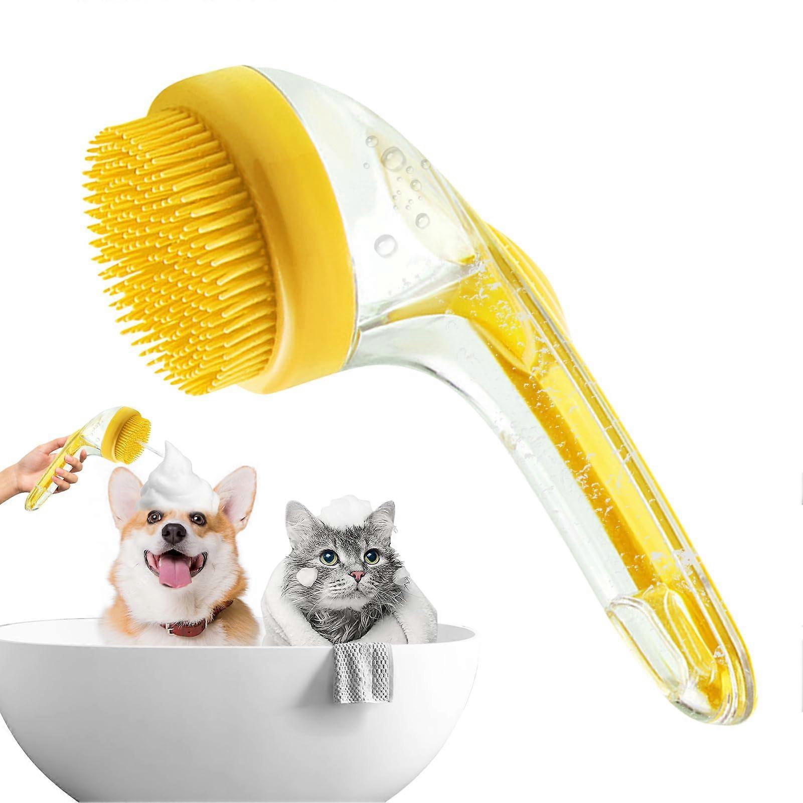 Pet Grooming Brush with Integrated Shampoo Dispenser, Soft Silicone Bristles, Long Handle for Dogs and Cats Bathing