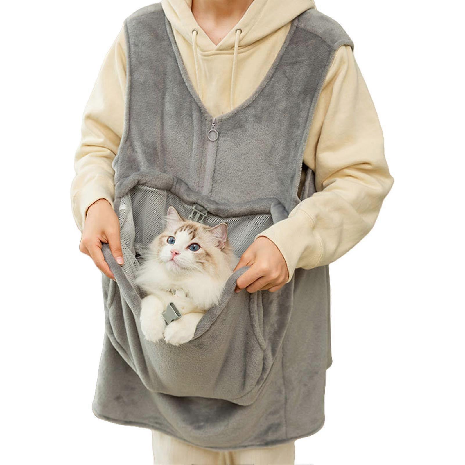 Adjustable cat carrier bag, velvet doublelayered front apron pocket, soft pet sling for small cats