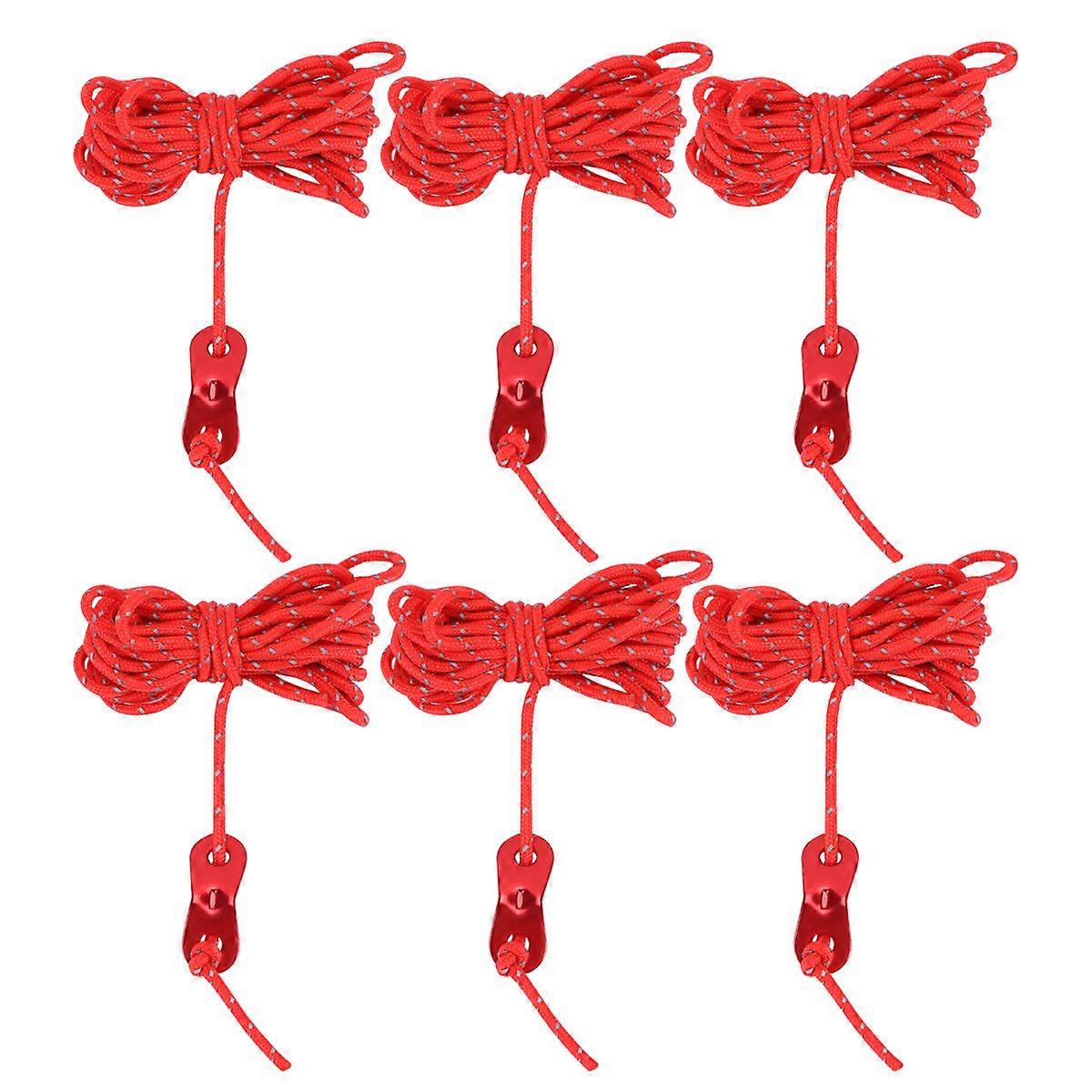 6pcs Reflective Tent Guyline Ropes with Aluminum Tensioners for Camping, Hiking, and Outdoor Use – Durable Red Nylon Cords with Abrasion Resistance