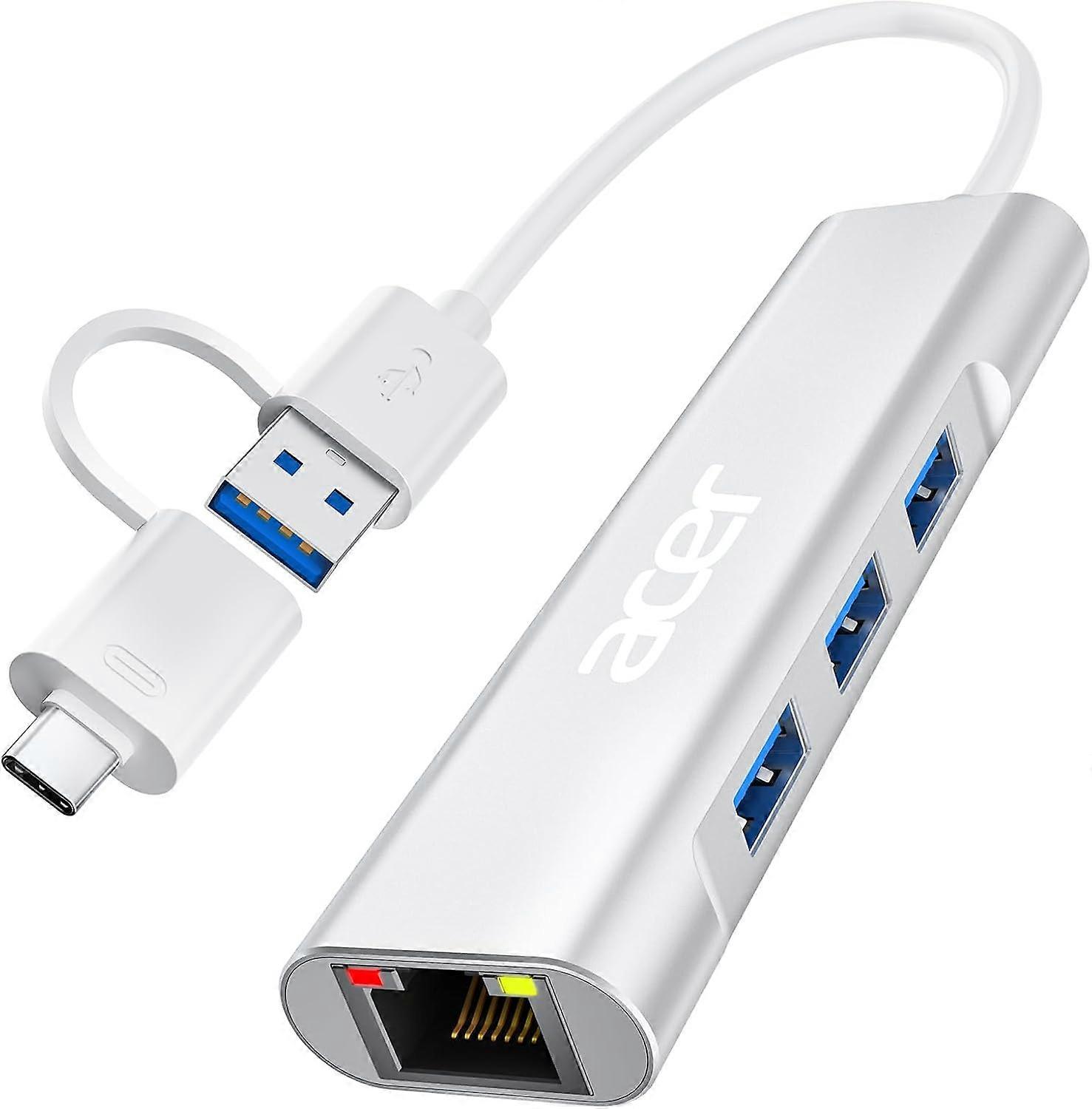 USB C naar Ethernet Adapter, 4-in-1 USB-A/C Hub met 3 USB-A 3.1 & 1Gbps RJ45 Netwerken, USB-C naar LAN Adapter voor MacBook Pr
