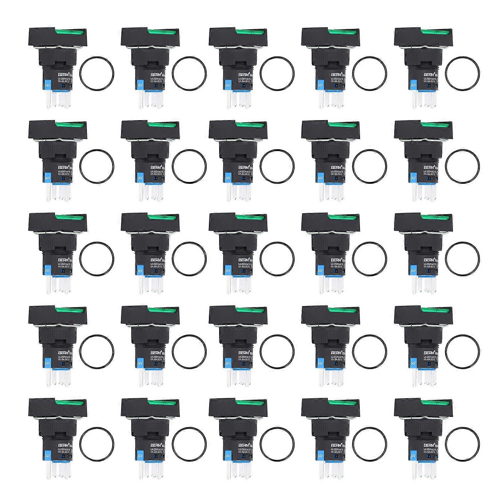 25Pcs Push Button Switch Self Locking Momentary 16mm Square with Light Set Kit 24VGreen