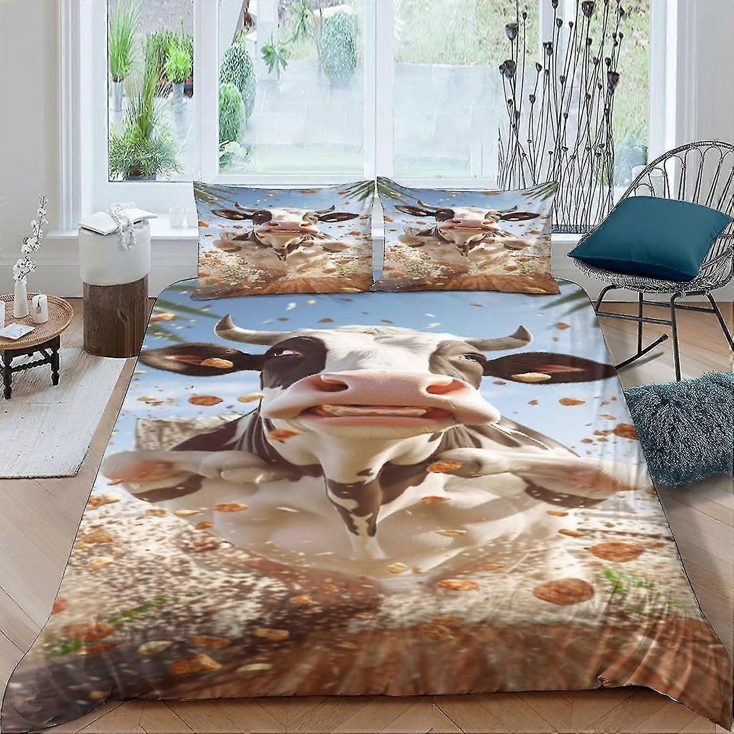 Conjunto de capa de edredão 3D de 3 peças para design de vaca leiteira, conjunto de cama antialérgico de microfibra macia com fecho de zíper