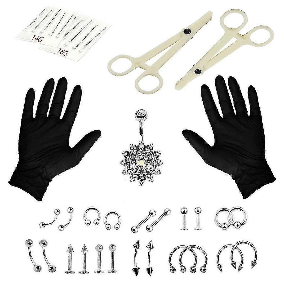 طقم ثقب - 41 قطعة طقم ثقب الجسم الاحترافي فولاذ جراحي 14 جم 16 جم زهرة شمس