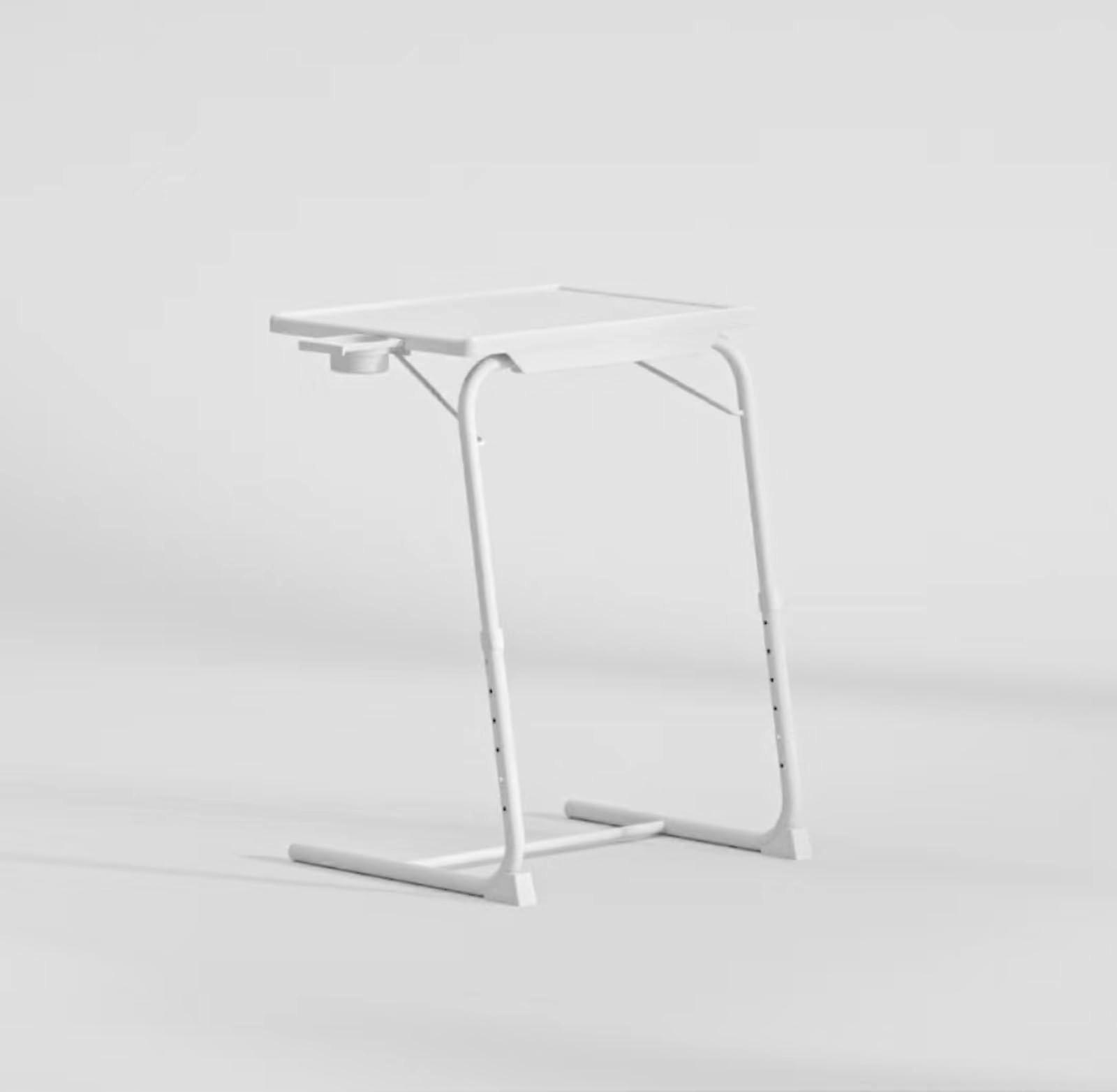 Adjustable TV Tray Table for Bed and Sofa, 6 Height Settings, 3 Tilt Angles, Drink Holder, White Color