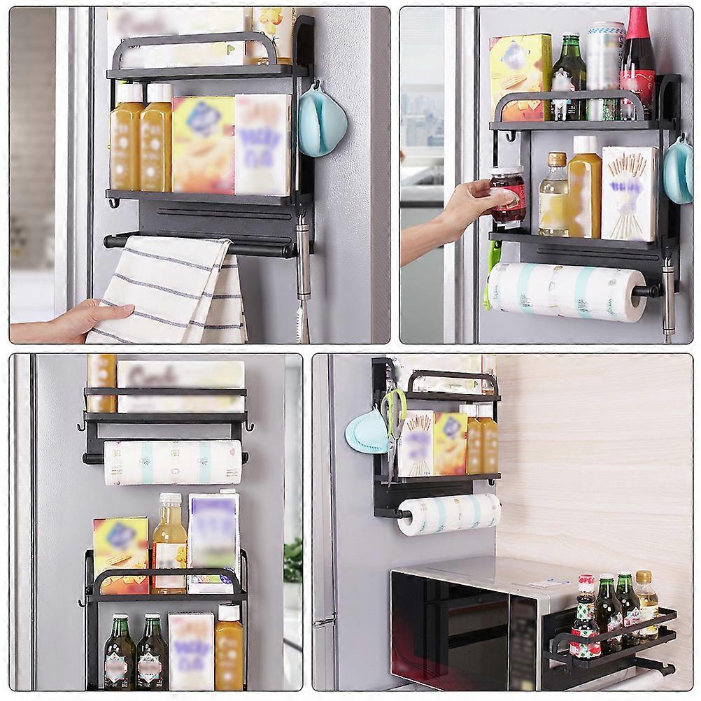 Magnetic Storage Rack for Kitchen with 4 Hooks Black Single Layer Shelf for Home Decor and