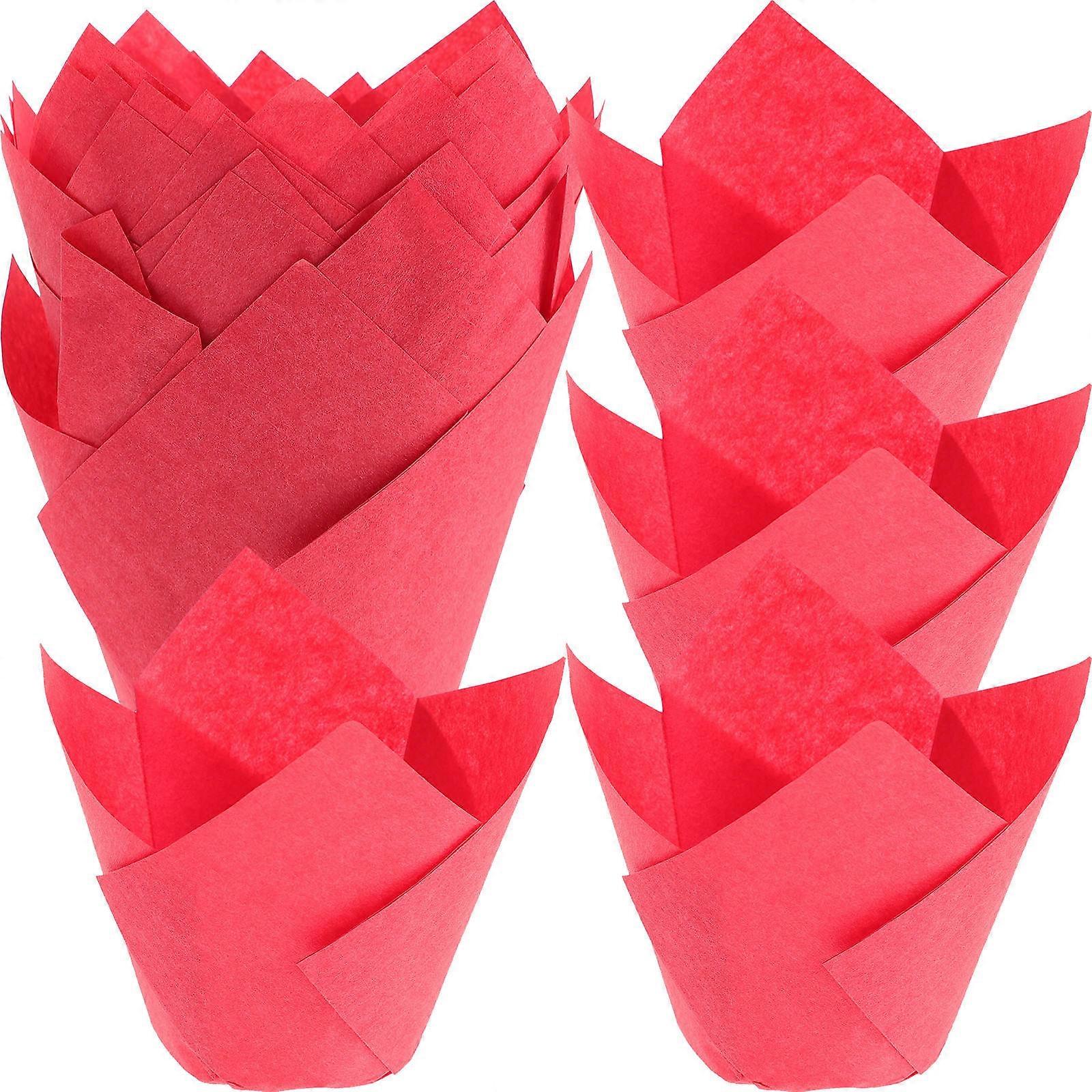 50Pcs Red Tulip Cupcake Wrappers Baking Cups Oven Safe Grease Proof Paper for Parties and Events