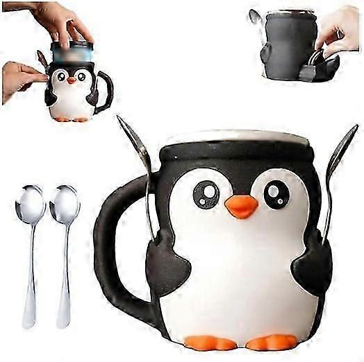 Śliczny uchwyt na kufel do lodów Penguin, kamyki do druku 3D Pojemniki na kufle Penguin Ice Cream z uchwytem przeciw zamarzaniu i dwiema łyżkami, pepples szczelne