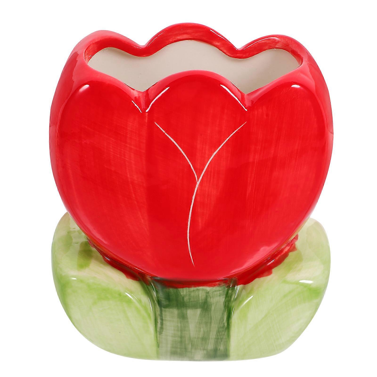 Ceramic Pen Holder for Desk Storage with Red Decorative Design and Stable Base 7 Inch