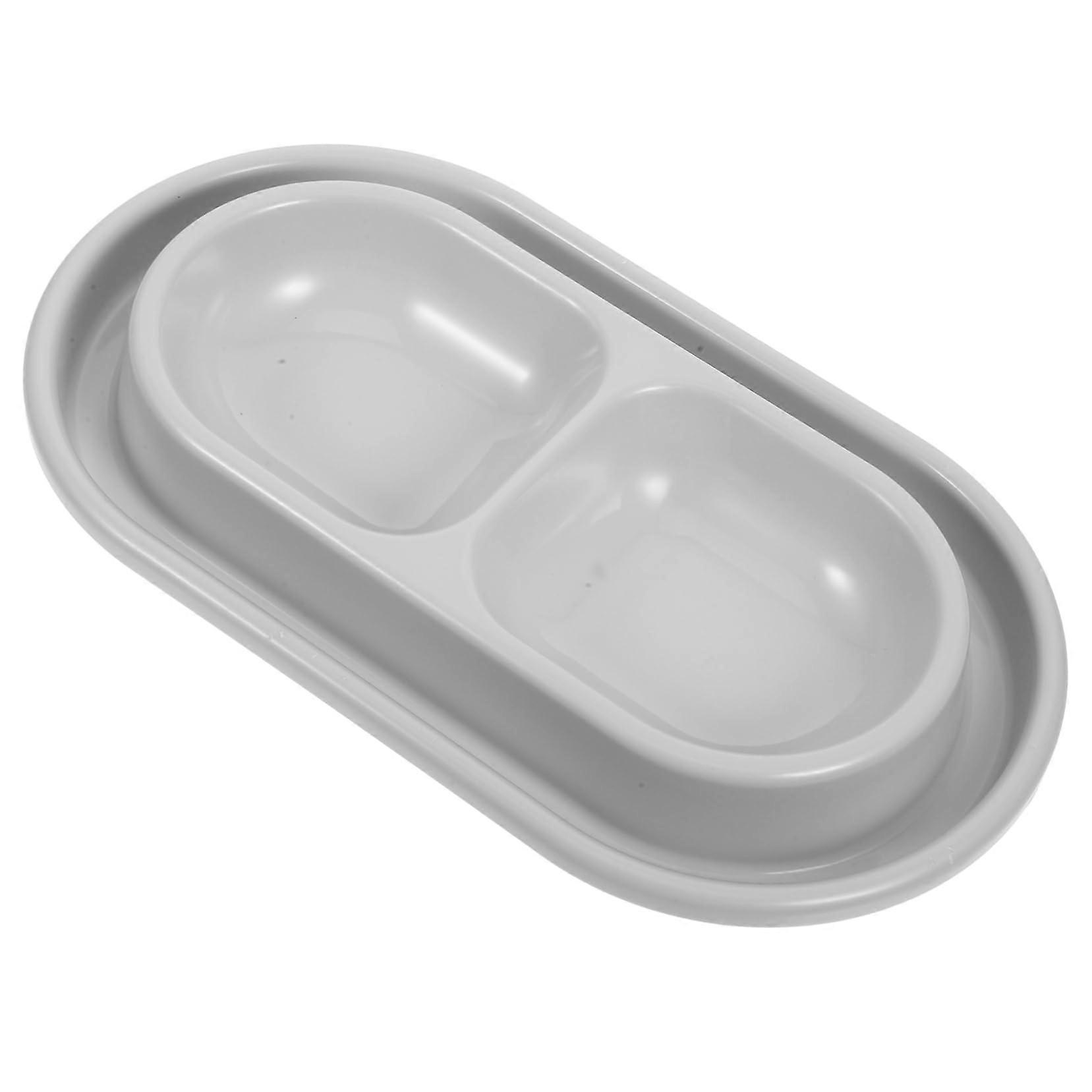 Double cat food stand with dual bowl set, gray feeding dishes for cats, spacesaving for multiple pets, easy to clean, and modern.