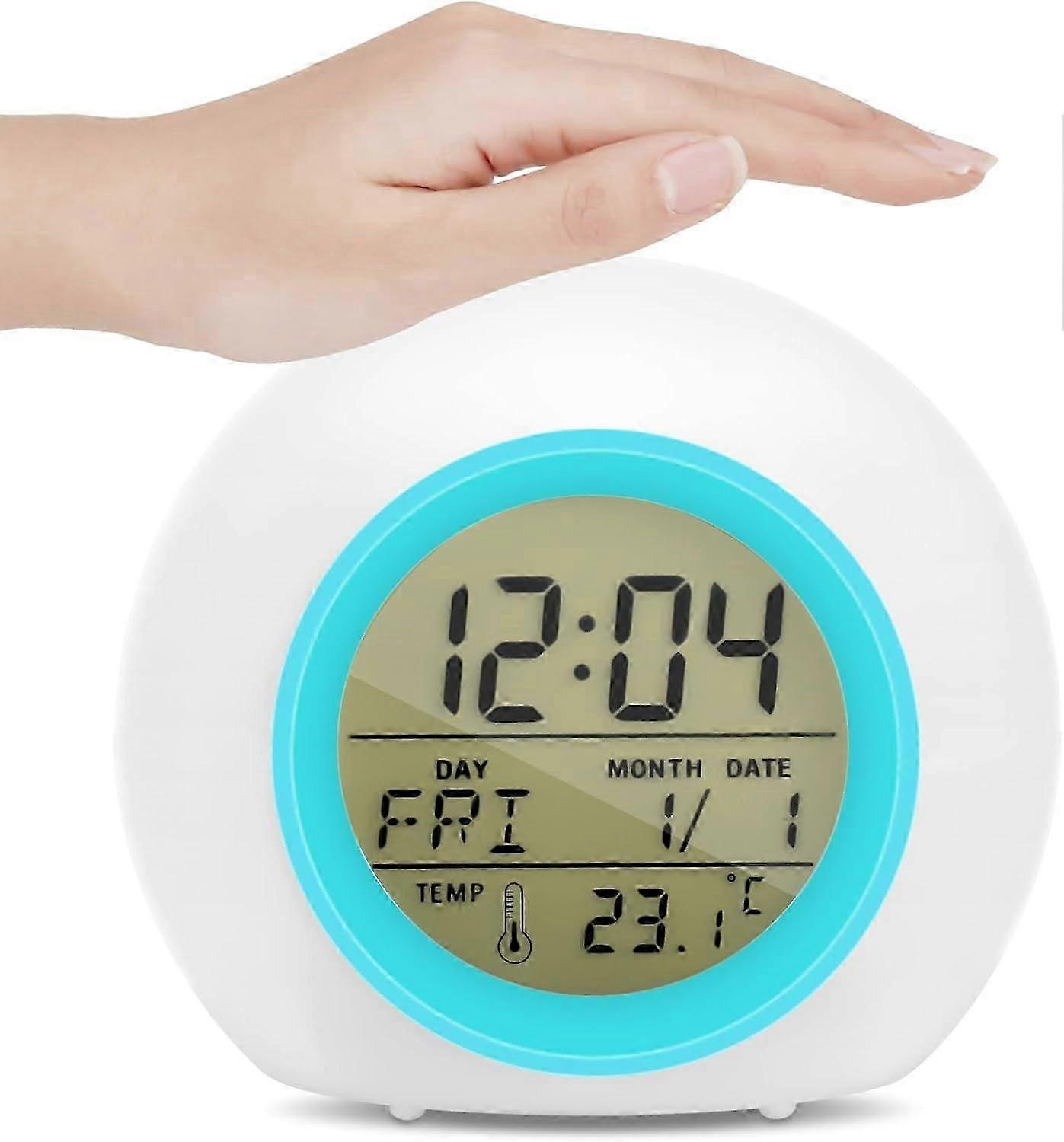 Digital Clock Bedside Sleep Training Clock, Bedside Alarm Clock with 7 Color Changing Night Lights and 8 Alarm Tones, Temperature, Calendar, Music