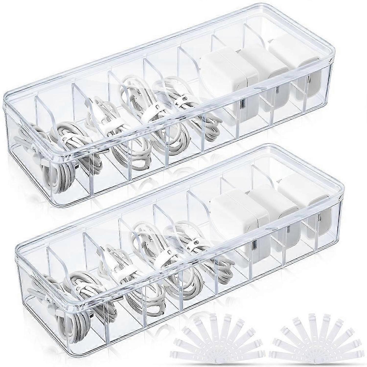 2Pcs Cable Storage Box with Wire Ties, Clear Cord Storage Box with Lid, Organizer for Home Office Desk Organizers