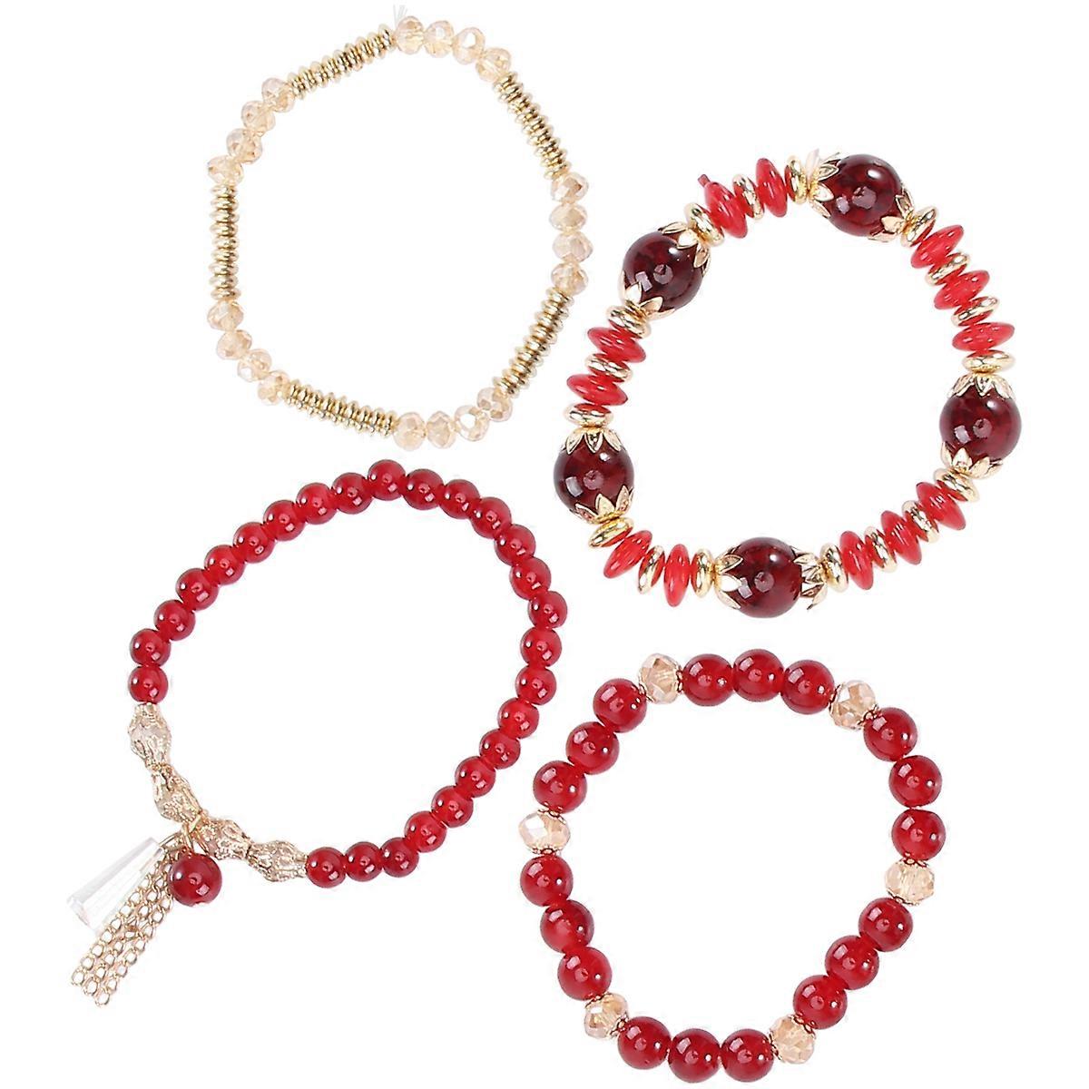Crystal Multilayer Bracelet for Decoration 2Pcs Red Handmade Tassels Bangle