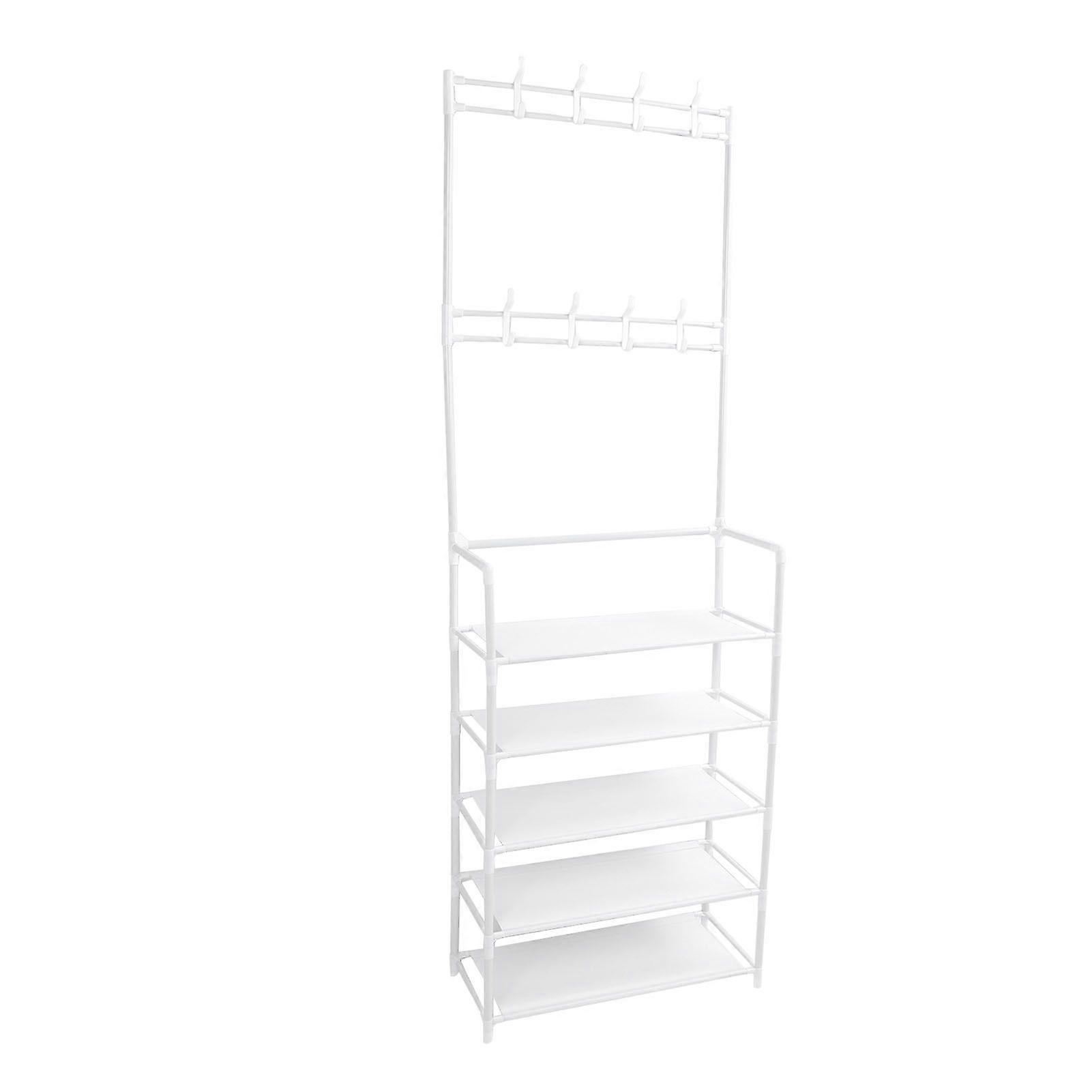 Coat Shoe Rack with Hooks 68.9in 5 Tier Metal Multifunctional Dust Proof Ample Space Coat Shoe Organizer for Entryway Dormitory White