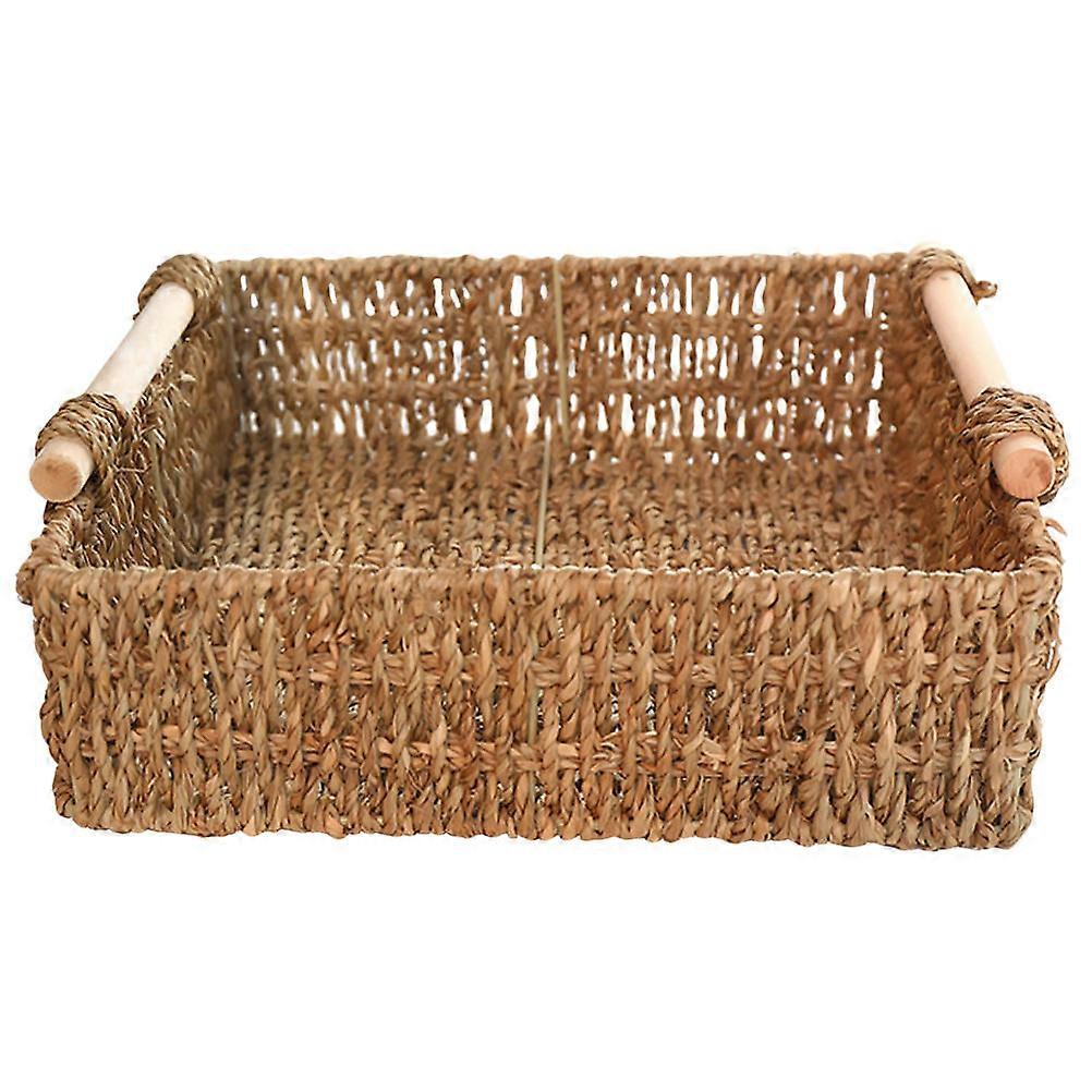 Decorative Storage Basket Square Shape Simple Style for Desktop Organization Household Users Khaki Color Wooden Handle 1Pack
