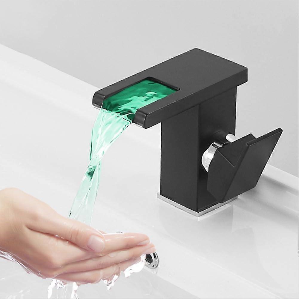 Modern LED Square Waterfall Bathroom Faucet Single Handle Black Finish Basin Compatible Adjustable Temperature And Flow