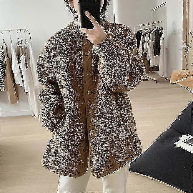 2025 Faux Lamb Wool Coat Women's 2022 Winter New Loose And Thin Stand-up Collar Design Niche Age-reducing Thick Coat Crewneck Long Sleeve Jacket