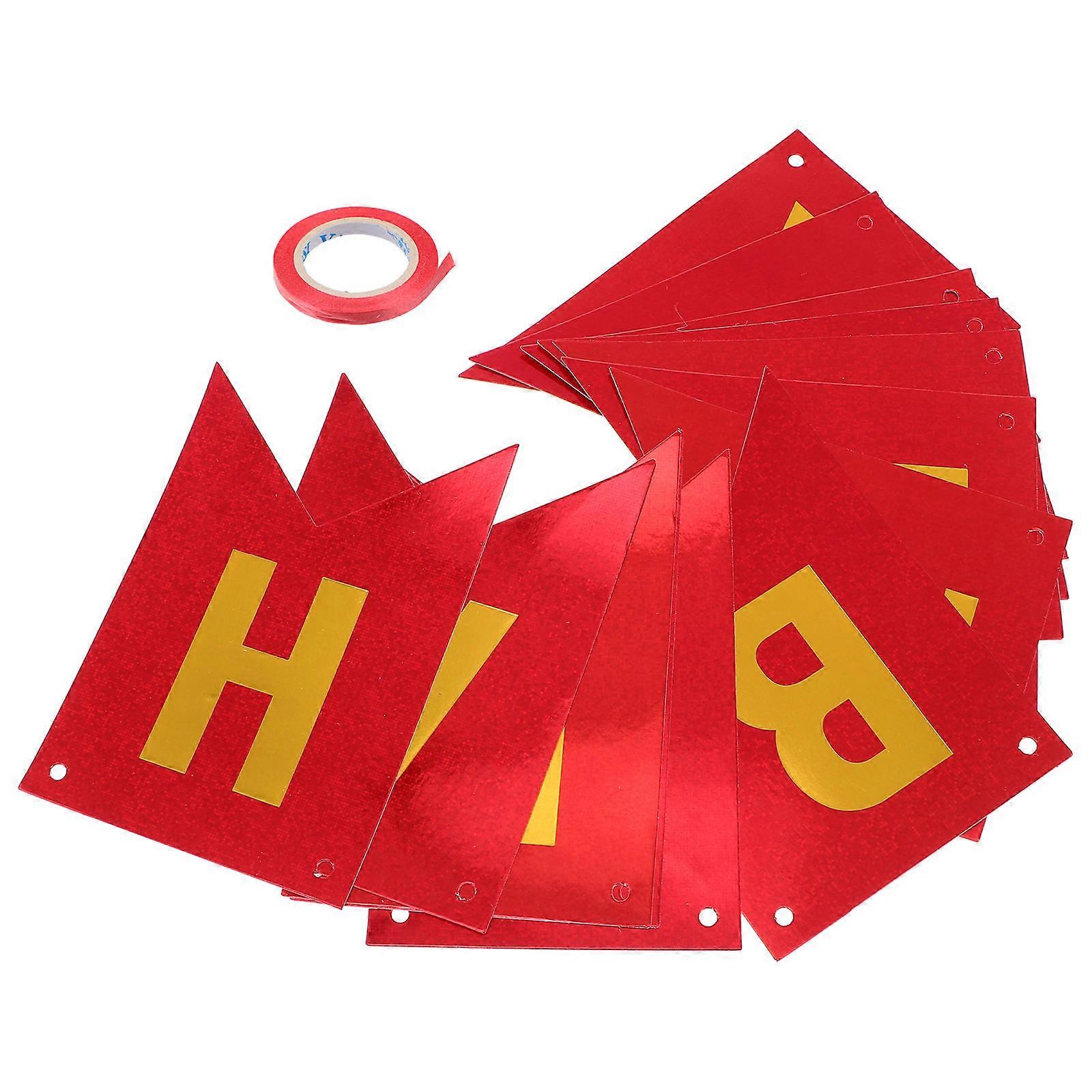 Happy Birthday Pull Flag Gold Stamping for Decor 2Pcs Paper Red
