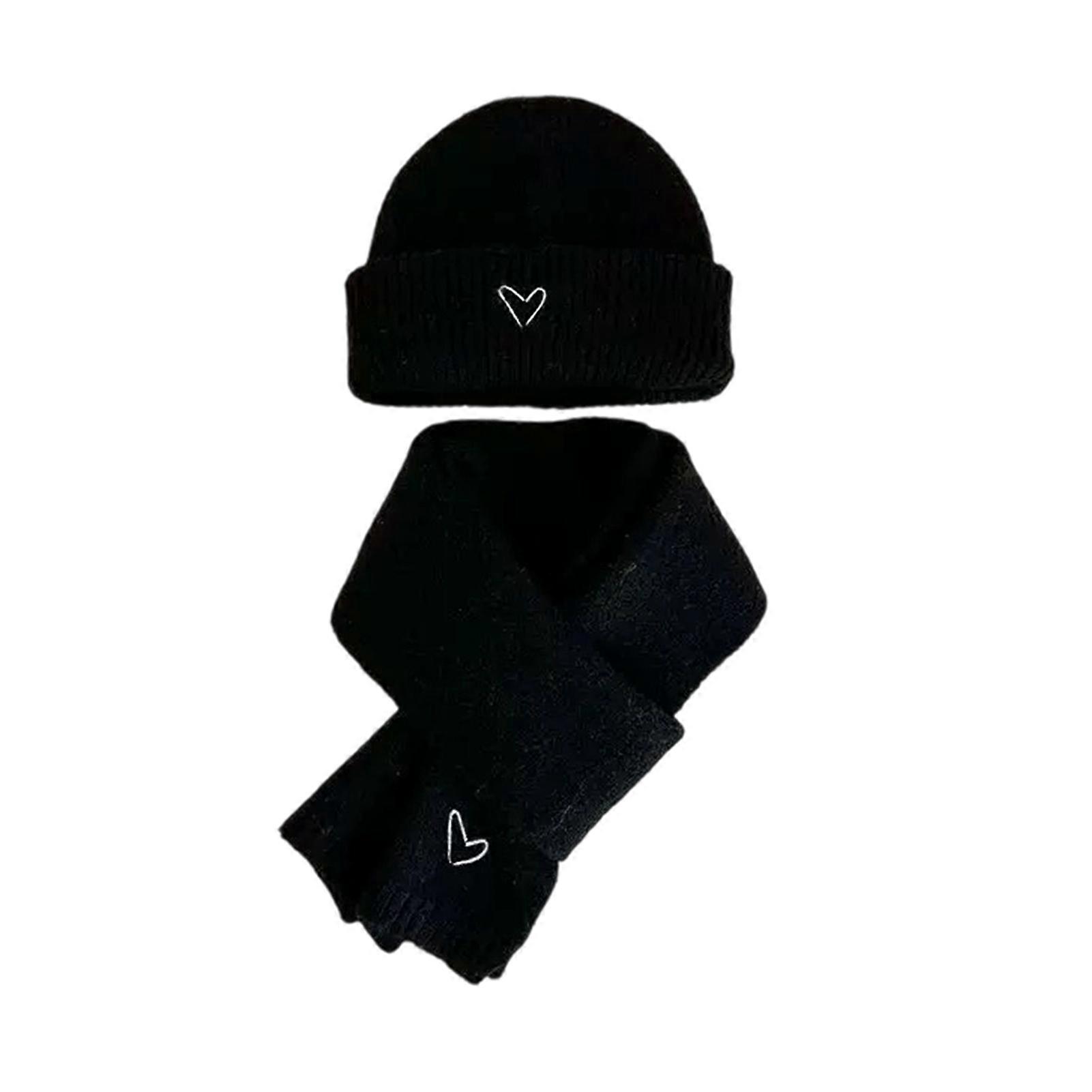 2Pcs/Set Kids Hat Scarf Set Solid Color Heart Pattern Thickened Warm Knitting Hat Long Scarf Set