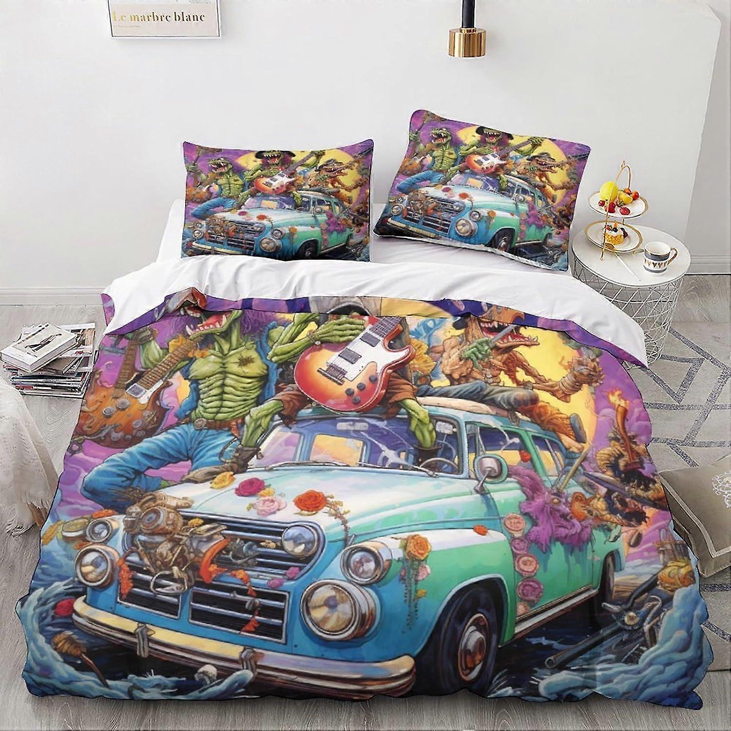 LikeEj 3 peças monstros capa edredom com fronhas, carro vintage impressão jogo de cama com fecho de zíper, cartoon colcha capa rei