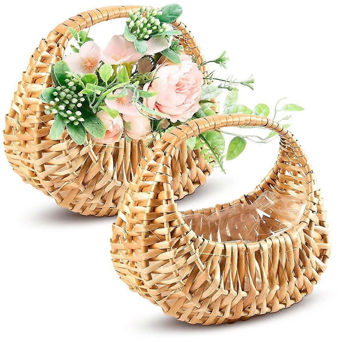 Small Flower Girl Basket Set of 2 - Small Wicker Basket with Handle & Waterproof Lining Rustic Style