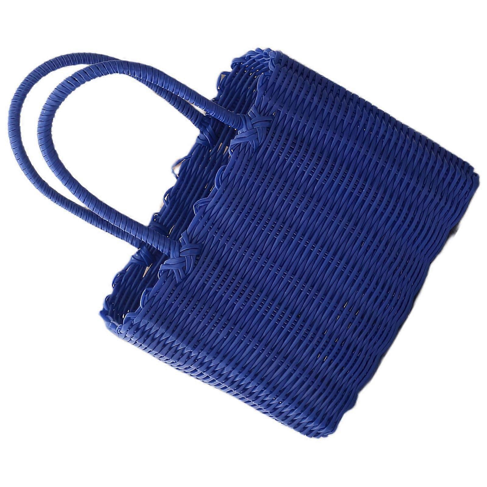 Grocery Shopping Basket with Sturdy Handle, Dark Blue PVC Woven Tote for Fruits, Vegetables and Picnics