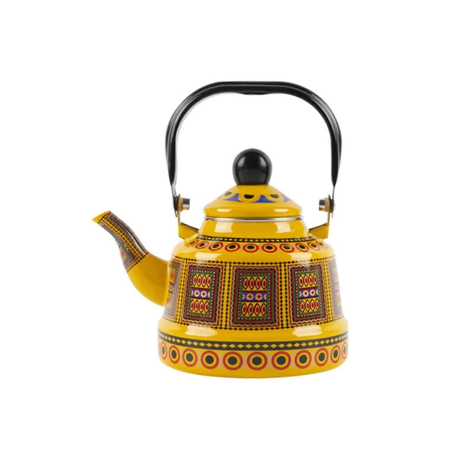 Yellow Enamel Tea Kettle Vintage Bell Shape Coffee Pot Multiuse Serving and Easy Clean