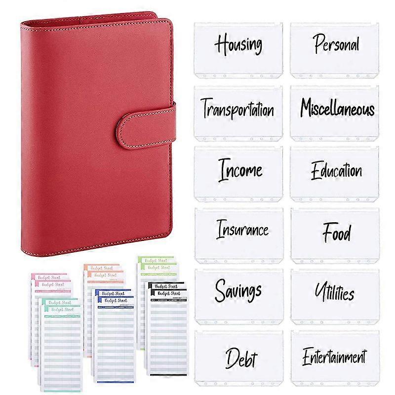 25Pcs A6 PU Leather Budget Binder Set, Binder Cover Planner Red