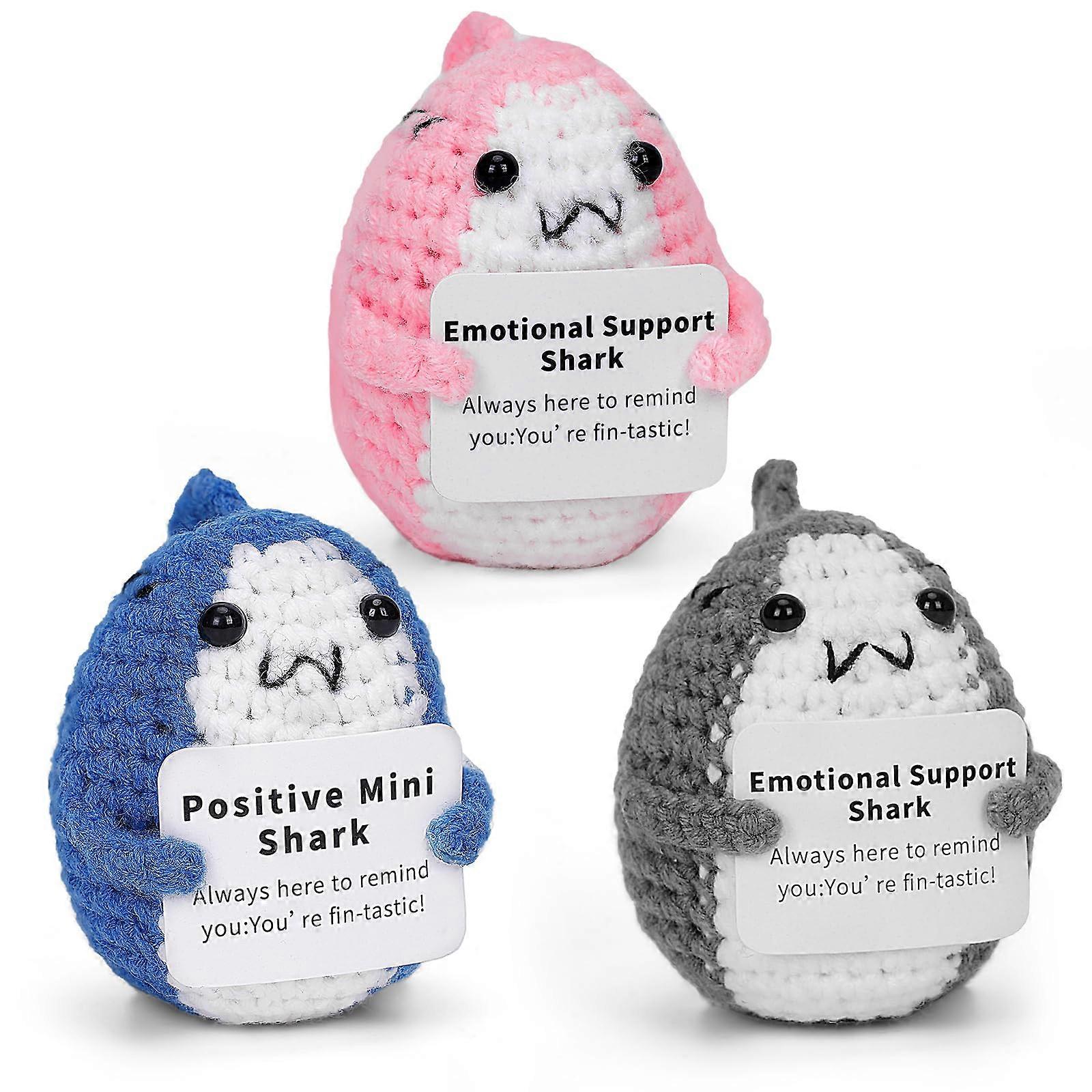 Crochet Shark Plush Set with Inspirational Message Card, Handmade Emotional Support Desk Decor Gift