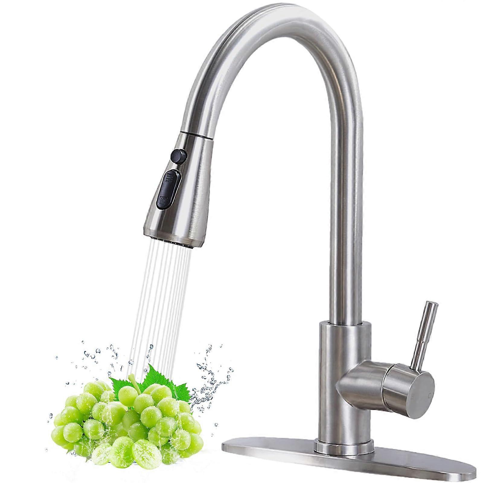 Brushed Nickel Pull Down Kitchen Faucet  Arc Single Handle 360° Swivel Dual Spray Modes