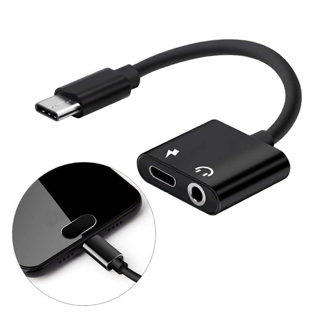 2 In 1 Typec To 3.5mm Headphone Adapter For Usb C Devices Black Hi Fi Audio For Music And Calls
