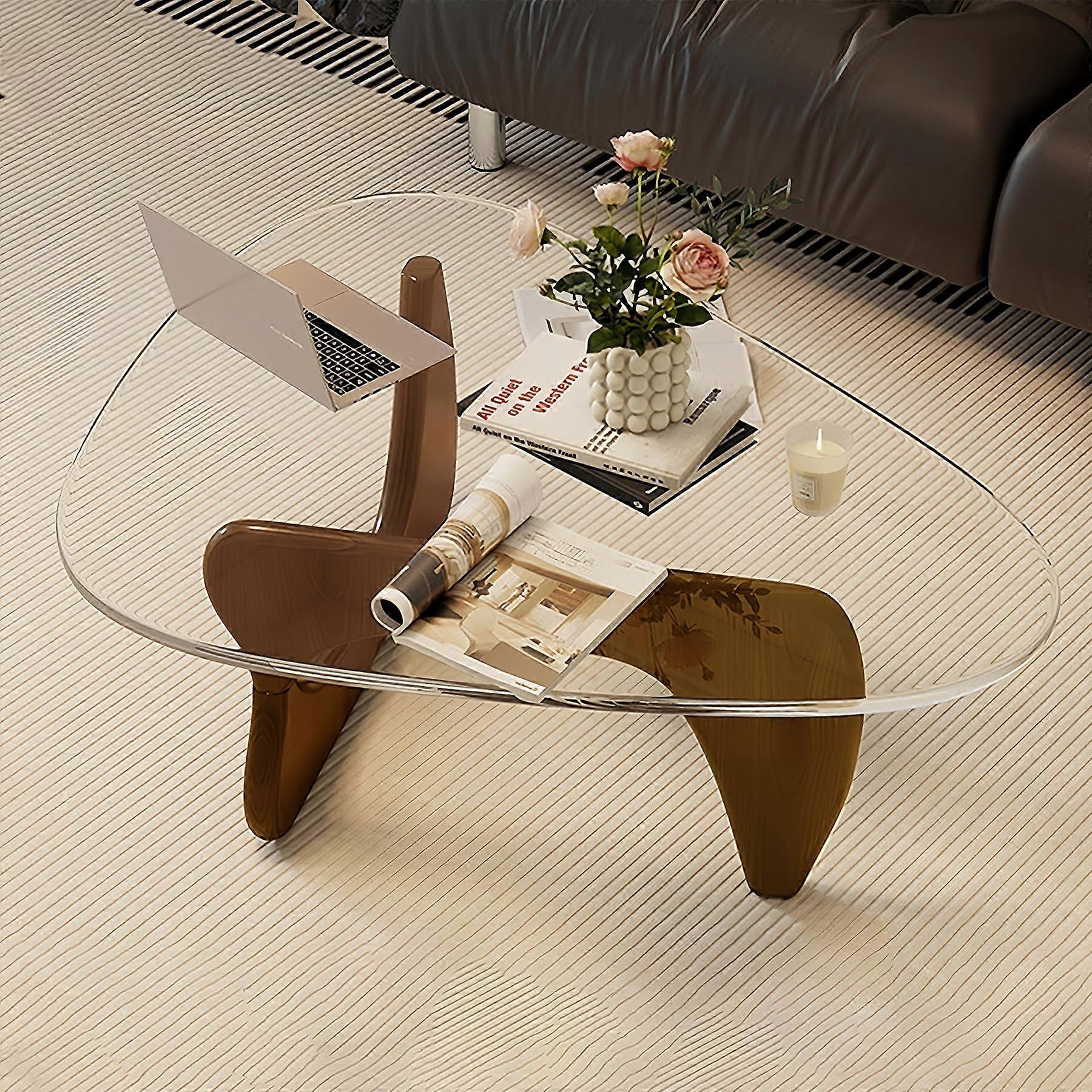 Modern Glass Coffee Table with Triangle Tempered Glass  and Walnut Solid Wood Frame for Small Spaces