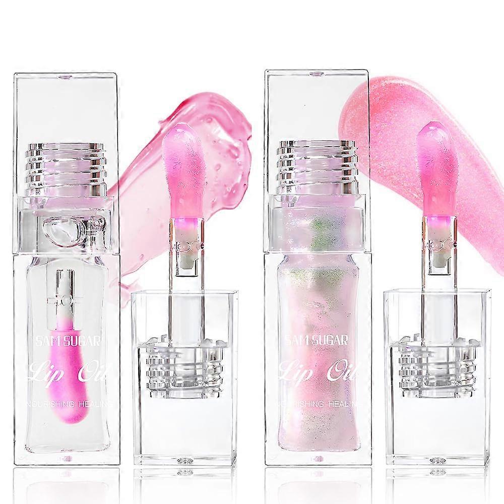 2PCS Long Lasting Color Changing Lip Oil with Big Brush, Hydrating Shimmery Lip Gloss