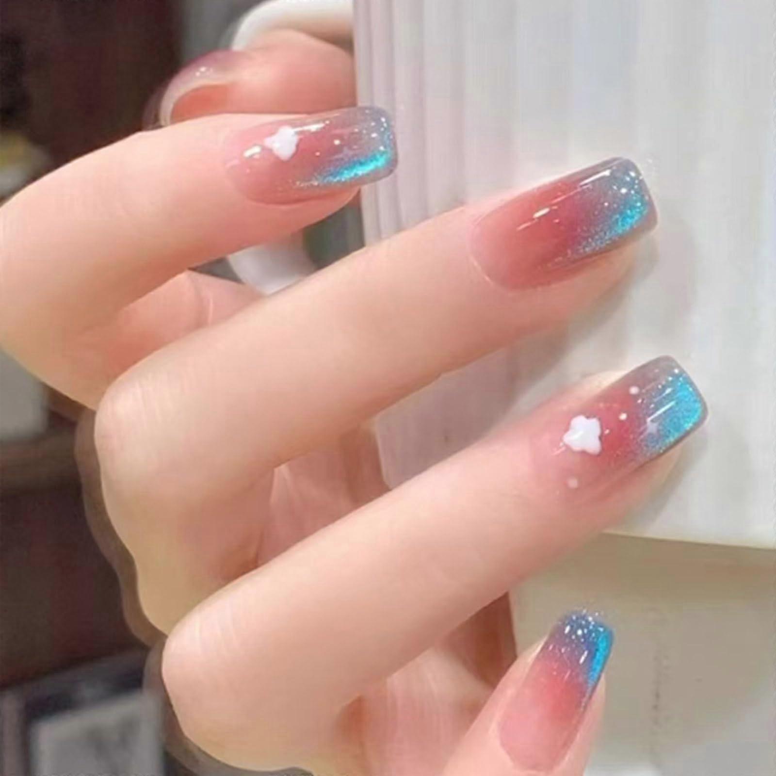 Medium Coffin Press On Nails Set Blue Gradient French Tip 24PCS LongLasting SalonQuality