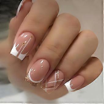 French Tip Press on Nails 24PCS Set, Glossy Coffin Fake Nails with Reusable Acrylic Nail Kit