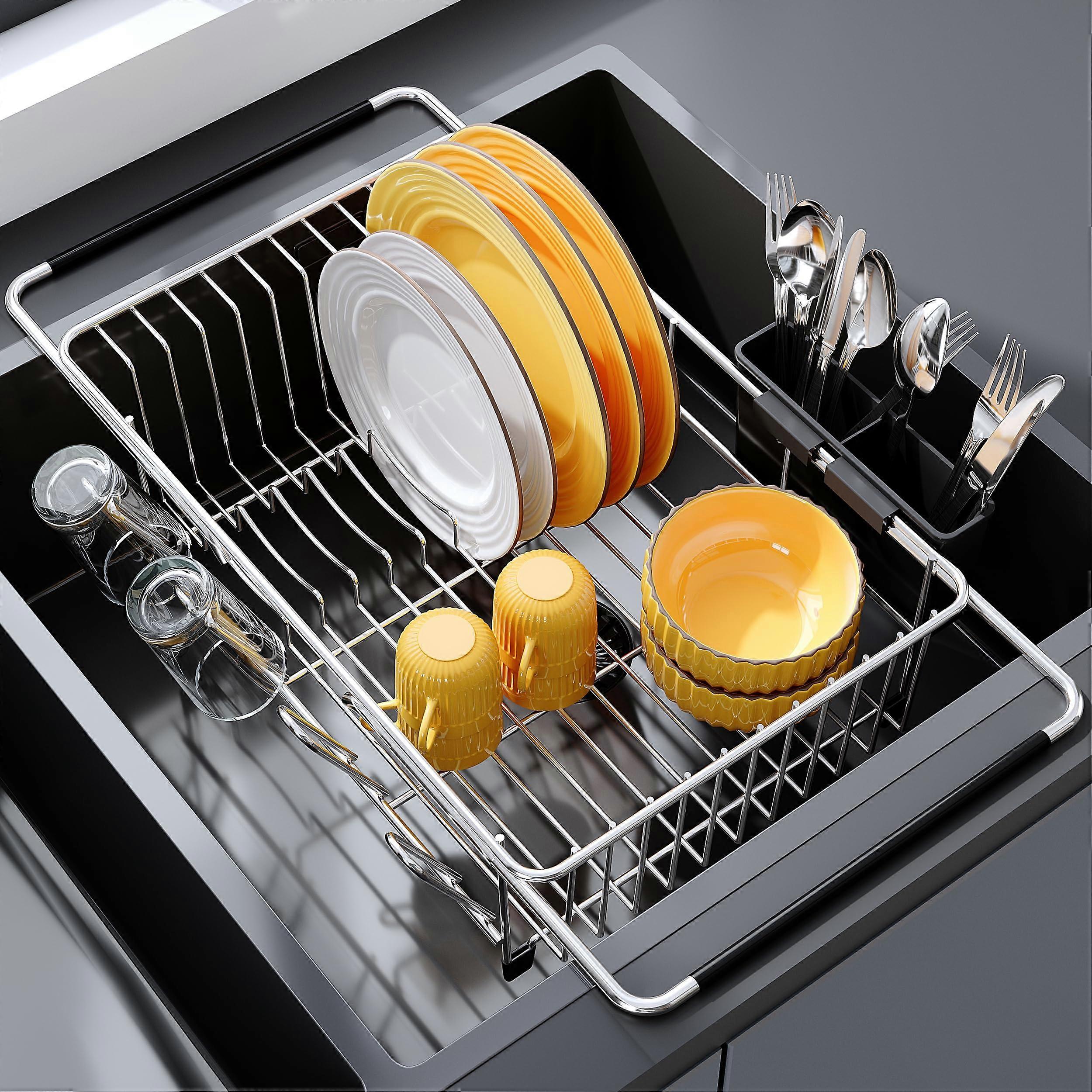 Over Sink Dish Drying Rack Stainless Steel Expandable Adjustable Drainer for Small Kitchen Rust Proof