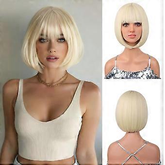 12 inch blonde pruik met pony, korte bob, hittebestendig synthetisch haar voor cosplay en feestjes.
