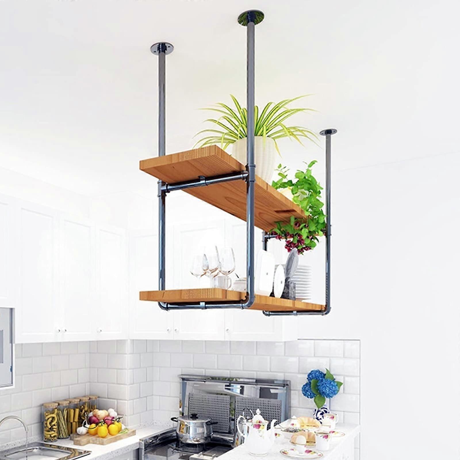 Vintage Wrought Iron and Solid Wood Hanging Wine Rack, Ceiling Mounted SpaceSaving Storage