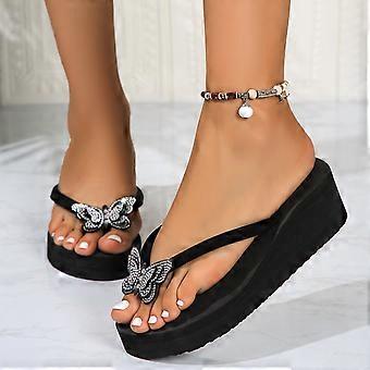 YOUSNH Damessandalen, modieus, nieuw patroon, strikversiering, teenslippers met sleehak, lichtgewicht, zomerslippers, dames, zwart, maat 9 (42)