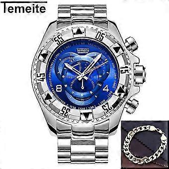 Temeite Golden Watch Men Big Dial Men Wristwatches Waterproof Men Wrist Watch Relogio Masculino 2021 silver blue bracelet